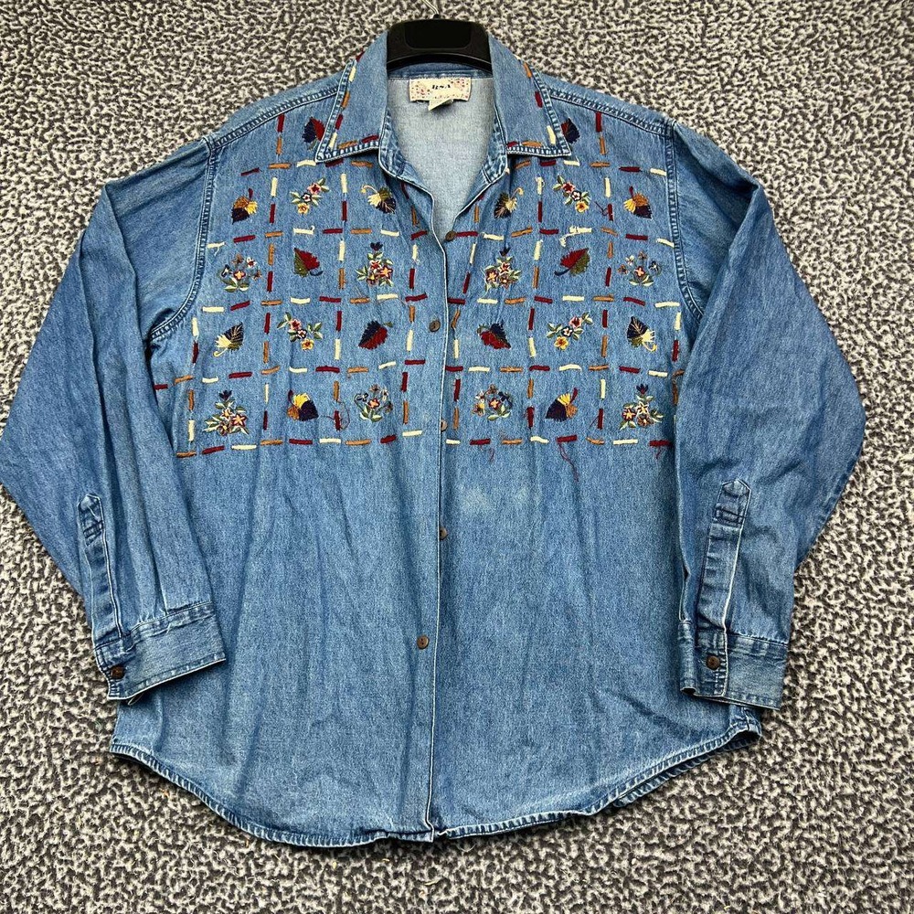 BSA Button Up Shirt Women XL Blue Denim Long Sleeve Floral Embroidered Cotton